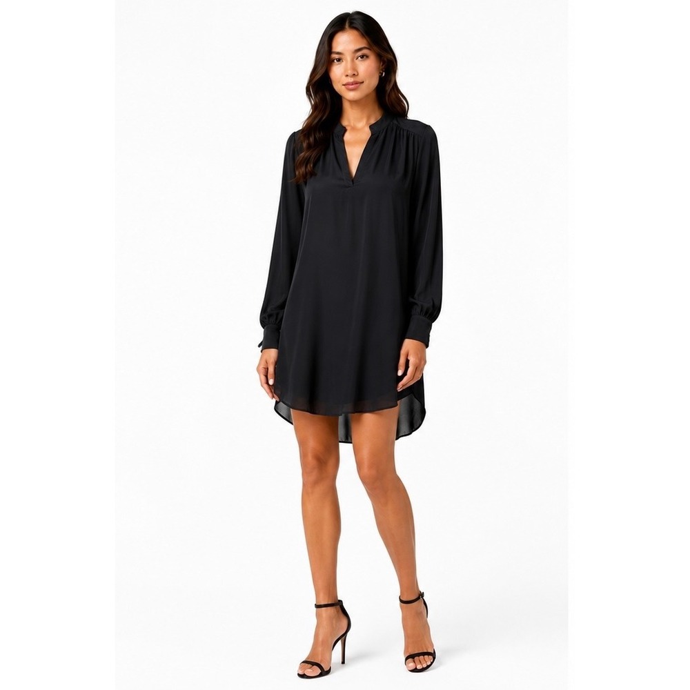 HM Black Satin Long Sleeve Shift Dress V-Neck Mini / Sz L